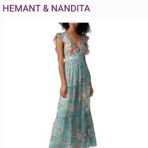 HEMANT & NANDITA Mint Floral Ruffle Maxi Dress Size small